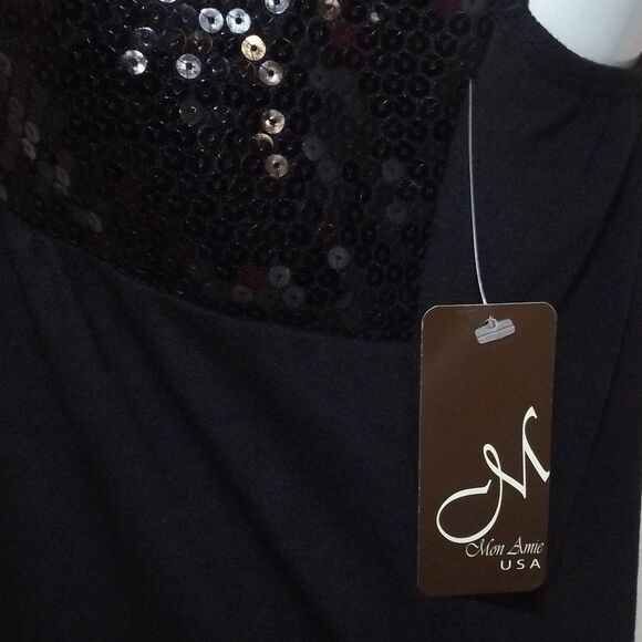 new MON AMIE Evening Dress, L, Black Jersey, Sequined Bust, Open back, Twisted - Picture 12 of 12